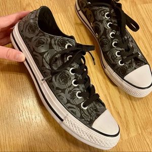 Black Converse with grey-silver roses